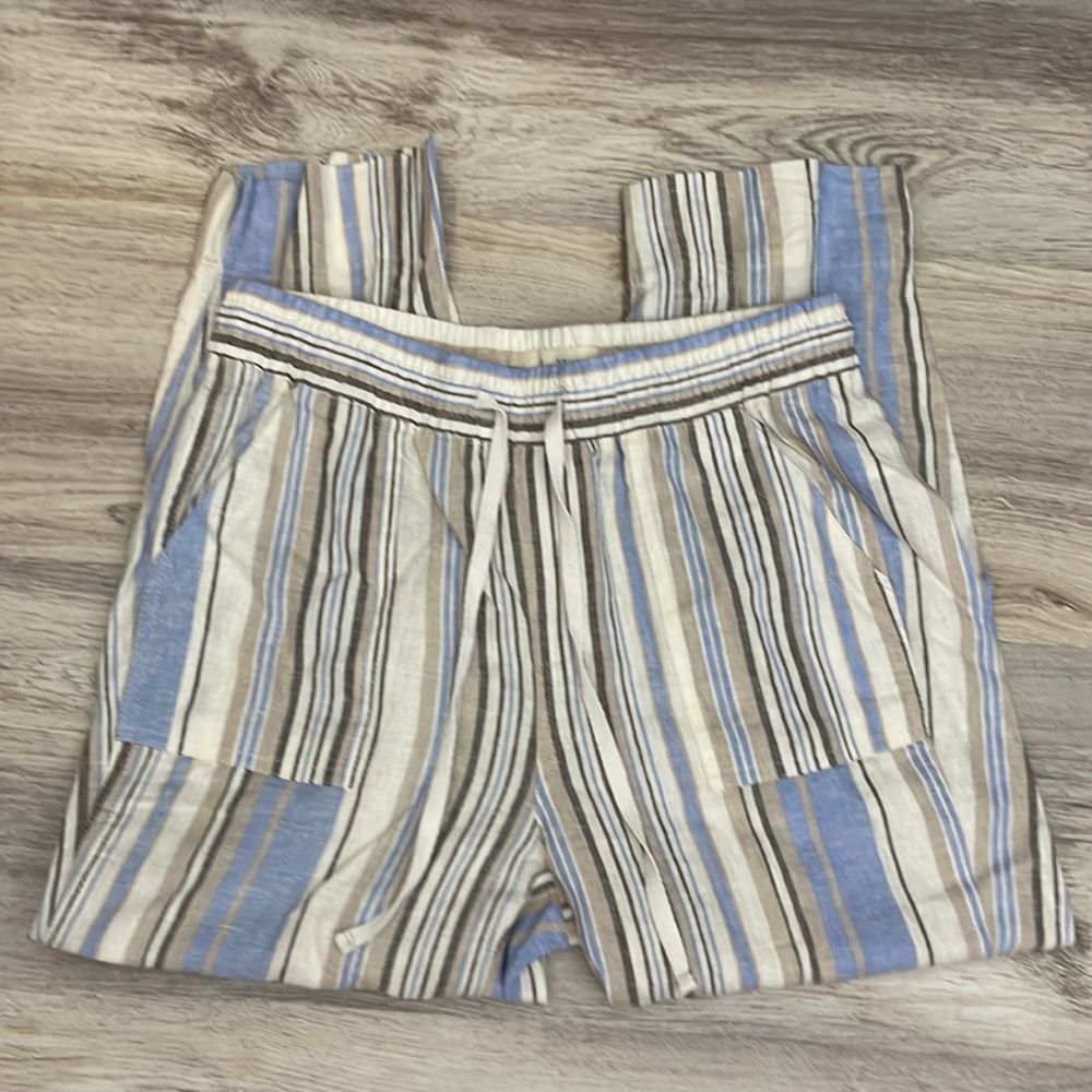 Land 'n Sea Brown, Tan, Blue & Cream Striped Pull On Elastic Drawstring Capris S